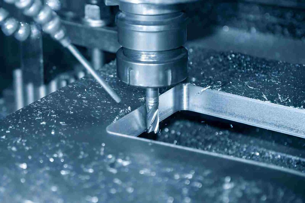 CNC milling machine cutting the mold parts with a solid flat end-mill tool type